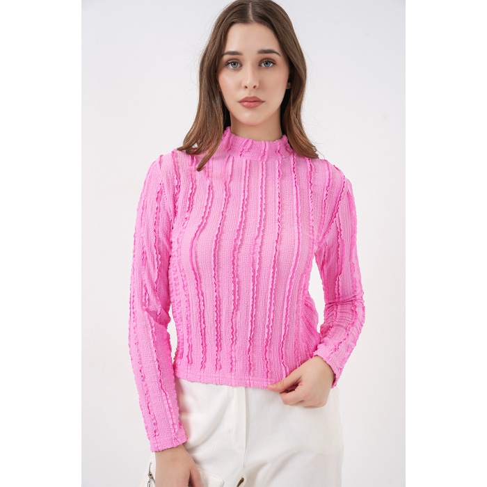 Kadın Dokulu Esnek Örme Bluz 975 - Pembe