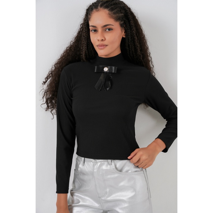 Kadın Kurdale Detay Uzun Kollu Bluz 977 - Siyah