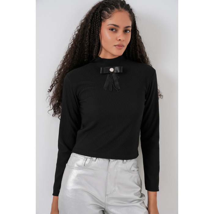 Kadın Kurdale Detay Uzun Kollu Bluz 977 - Siyah