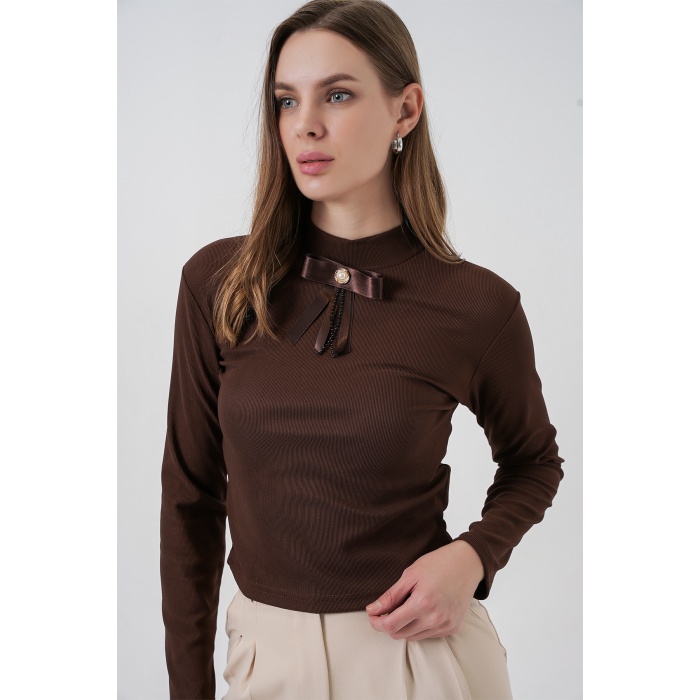 Kadın Kurdale Detay Uzun Kollu Bluz 977 - Kahverengi