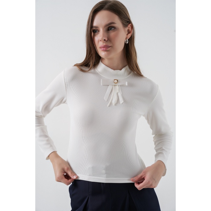Kadın Kurdale Detay Uzun Kollu Bluz 977 - Beyaz