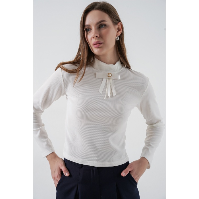 Kadın Kurdale Detay Uzun Kollu Bluz 977 - Beyaz