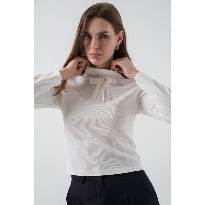 Kadın Kurdale Detay Uzun Kollu Bluz 977 - Beyaz