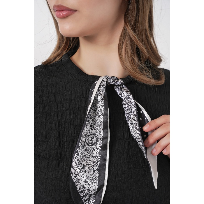 Kadın Kısa Kol Fularlı Örme Bluz 981 - Siyah