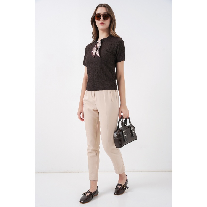 Kadın Kısa Kol Fularlı Örme Bluz 981 - Kahverengi