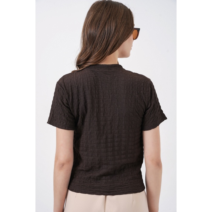 Kadın Kısa Kol Fularlı Örme Bluz 981 - Kahverengi