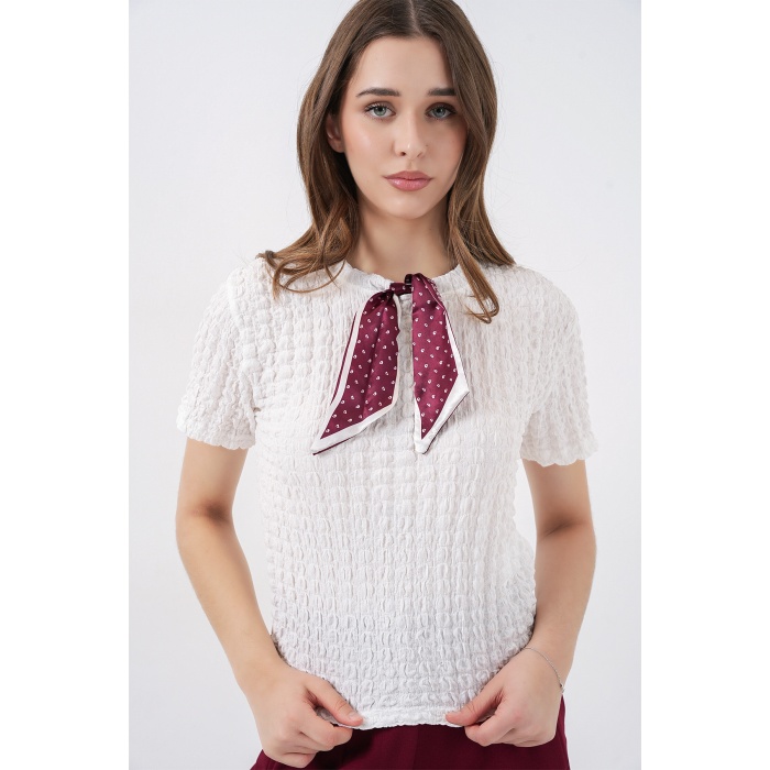 Kadın Kısa Kol Fularlı Örme Bluz 981 - Beyaz