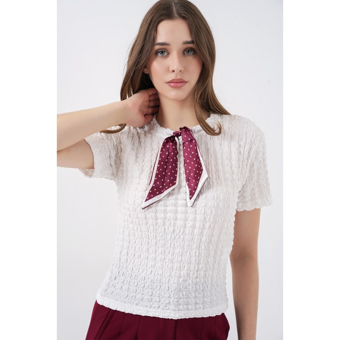 Kadın Kısa Kol Fularlı Örme Bluz 981 - Beyaz