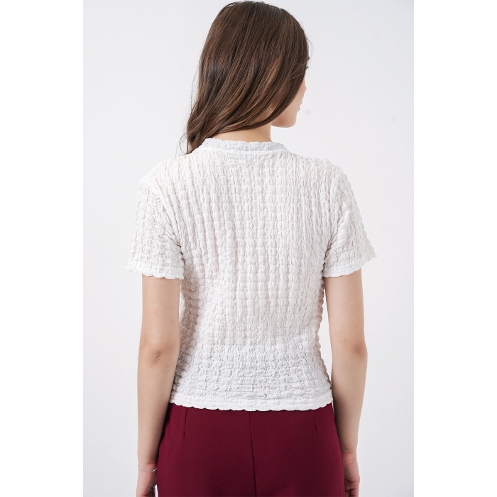 Kadın Kısa Kol Fularlı Örme Bluz 981 - Beyaz