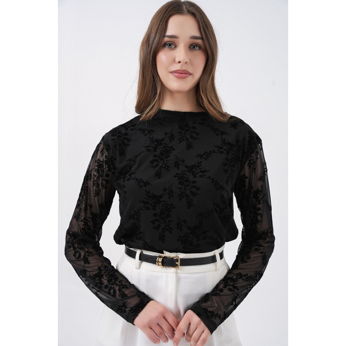 Kadın Desenli Uzun Kol Bluz 983 - Siyah
