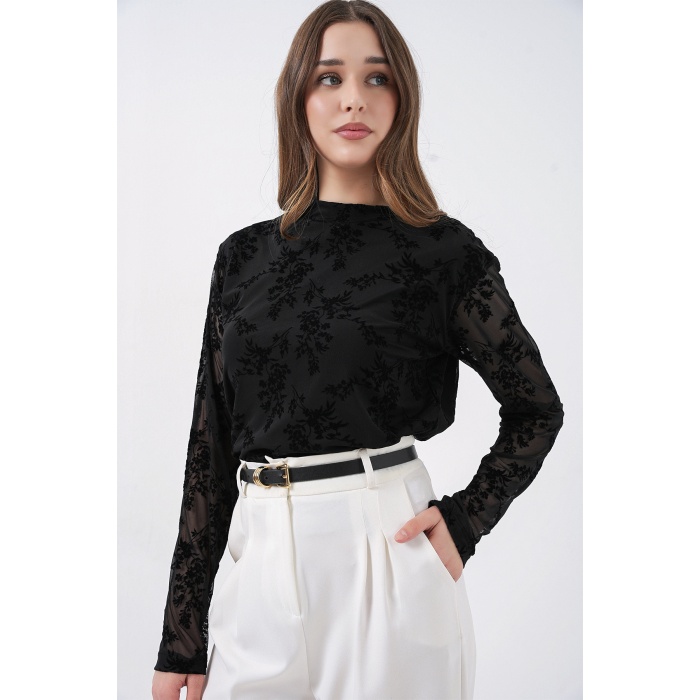 Kadın Desenli Uzun Kol Bluz 983 - Siyah