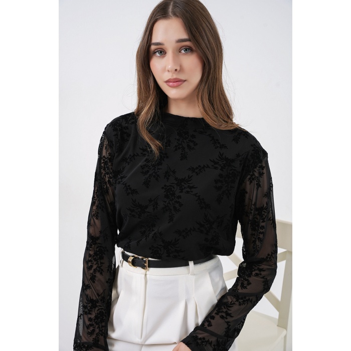 Kadın Desenli Uzun Kol Bluz 983 - Siyah