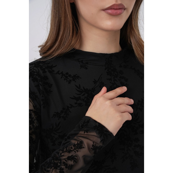 Kadın Desenli Uzun Kol Bluz 983 - Siyah