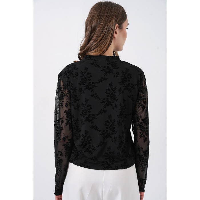 Kadın Desenli Uzun Kol Bluz 983 - Siyah