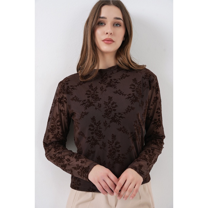 Kadın Desenli Uzun Kol Bluz 983 - Kahverengi