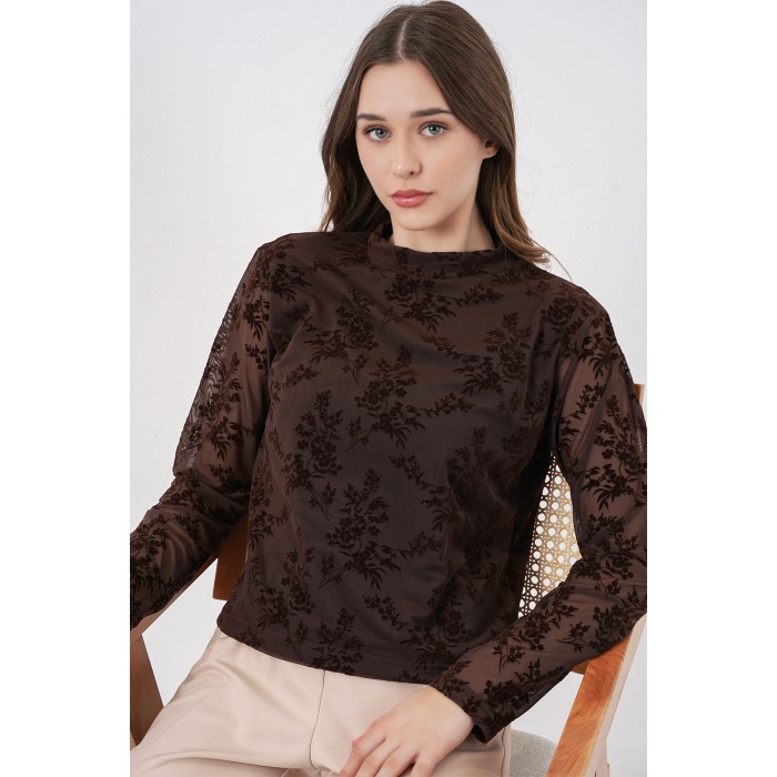 Kadın Desenli Uzun Kol Bluz 983 - Kahverengi