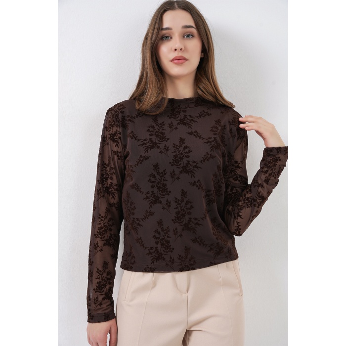 Kadın Desenli Uzun Kol Bluz 983 - Kahverengi