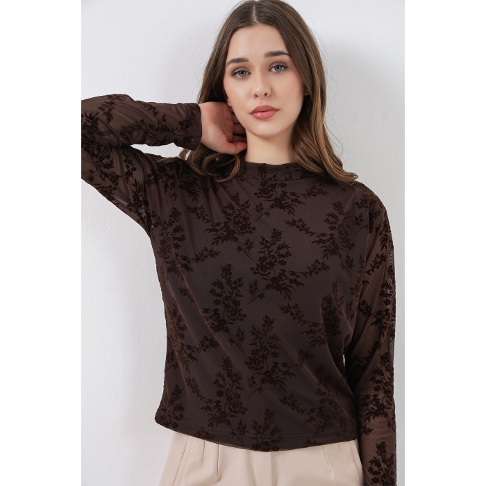 Kadın Desenli Uzun Kol Bluz 983 - Kahverengi