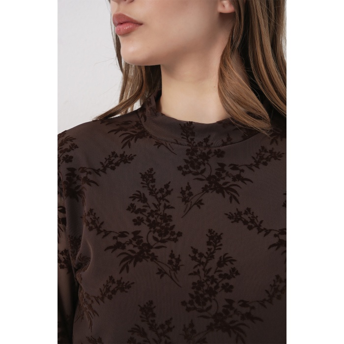 Kadın Desenli Uzun Kol Bluz 983 - Kahverengi