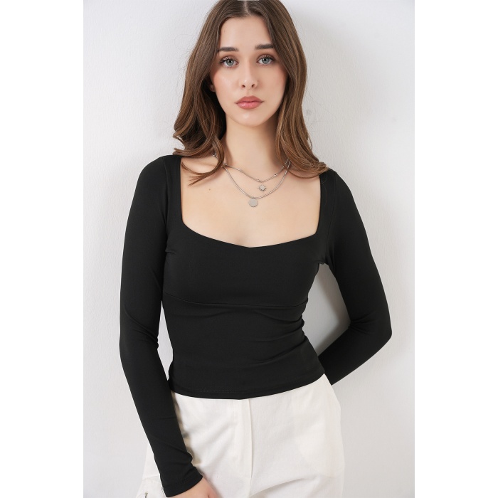 Kadın Kare Yaka Slim Fit Bluz 986 - Siyah