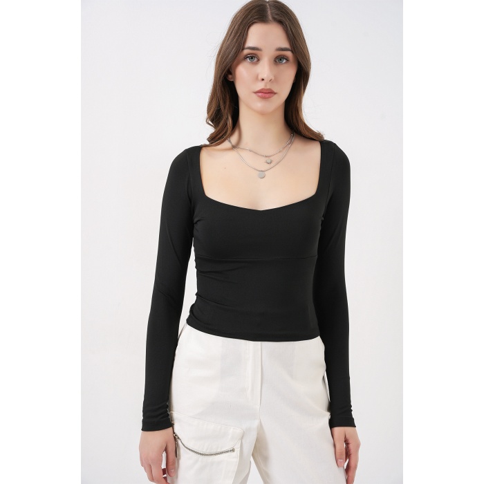 Kadın Kare Yaka Slim Fit Bluz 986 - Siyah