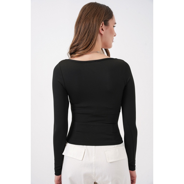 Kadın Kare Yaka Slim Fit Bluz 986 - Siyah