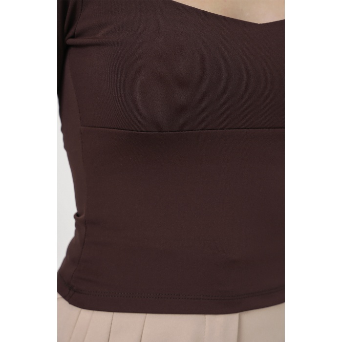 Kadın Kare Yaka Slim Fit Bluz 986 - Kahverengi