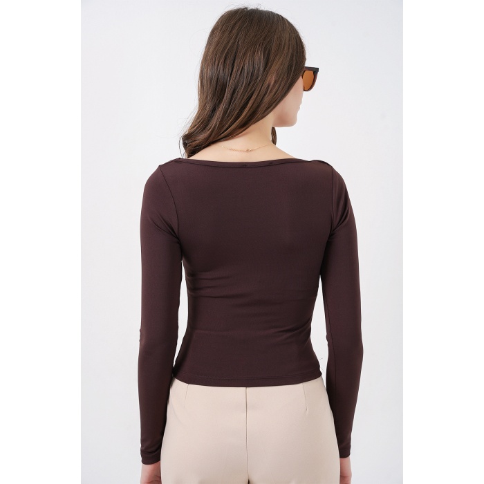 Kadın Kare Yaka Slim Fit Bluz 986 - Kahverengi