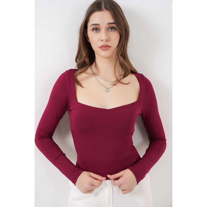Kadın Kare Yaka Slim Fit Bluz 986 - Bordo