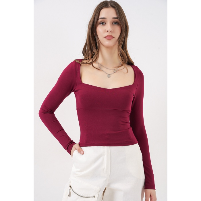 Kadın Kare Yaka Slim Fit Bluz 986 - Bordo