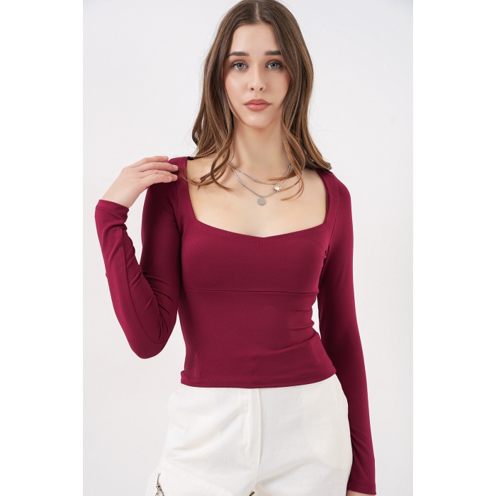 Kadın Kare Yaka Slim Fit Bluz 986 - Bordo