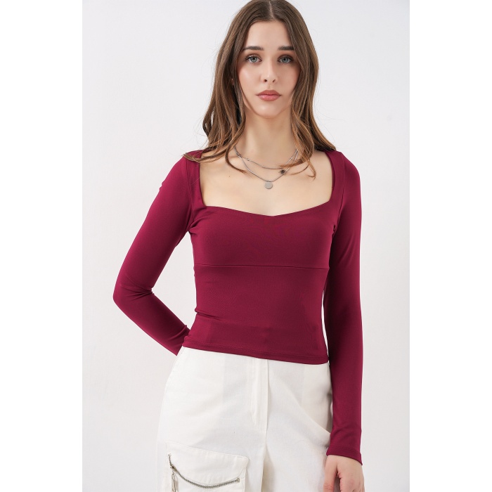 Kadın Kare Yaka Slim Fit Bluz 986 - Bordo