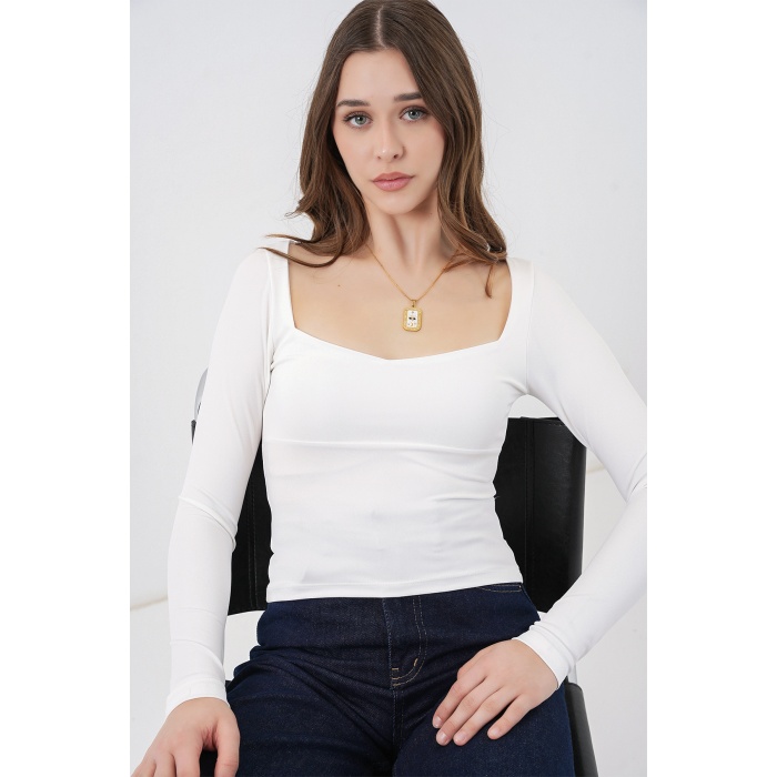 Kadın Kare Yaka Slim Fit Bluz 986 - Beyaz