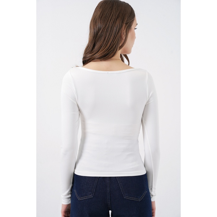Kadın Kare Yaka Slim Fit Bluz 986 - Beyaz