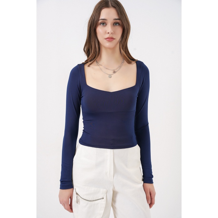 Kadın Kare Yaka Slim Fit Bluz 986 - Lacivert