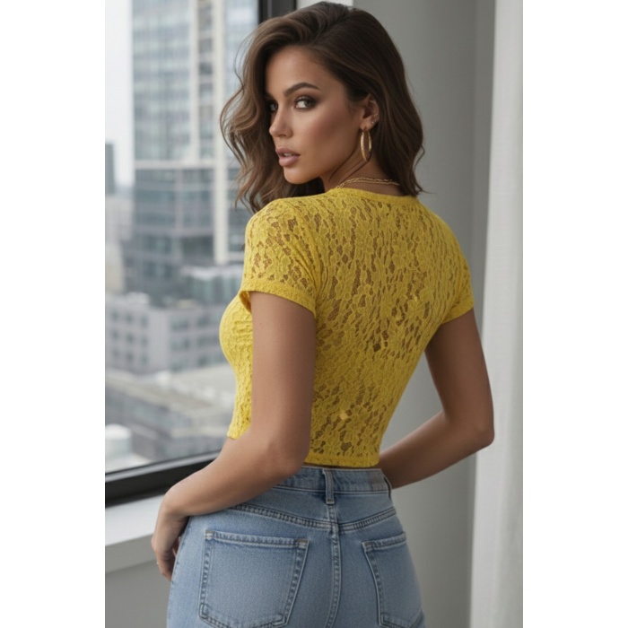 Kadın Kısa Dantel Bluz 987 - Sarı