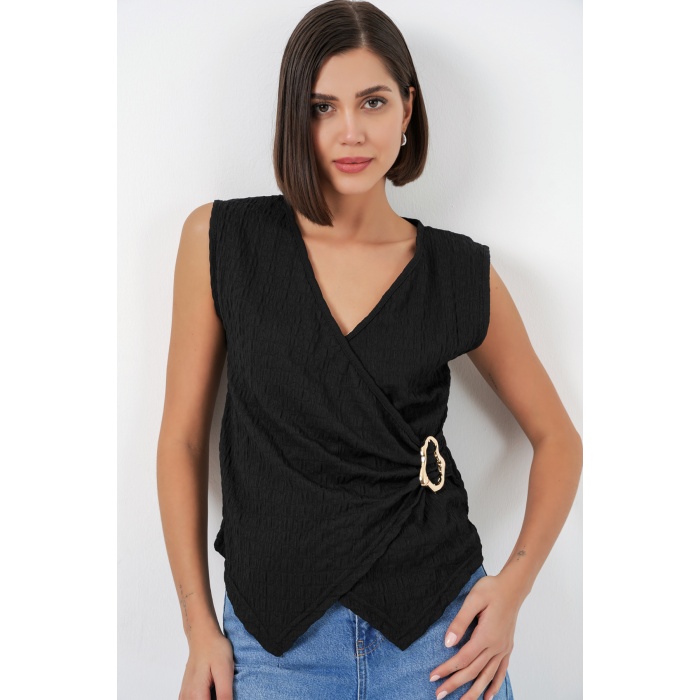 Kadın Sıfır Kol Örme Bluz 988 - Siyah