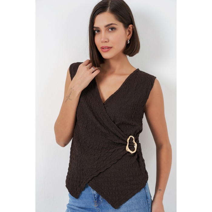 Kadın Sıfır Kol Örme Bluz 988 - Kahverengi