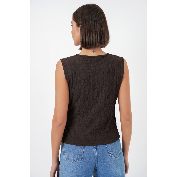 Kadın Sıfır Kol Örme Bluz 988 - Kahverengi