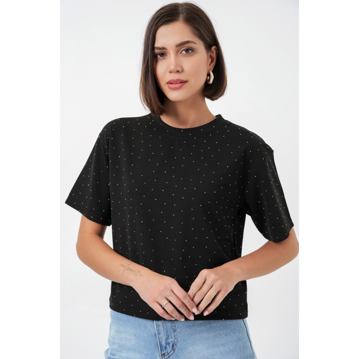 Kadın Taş Detaylı Tişört 990 - Siyah