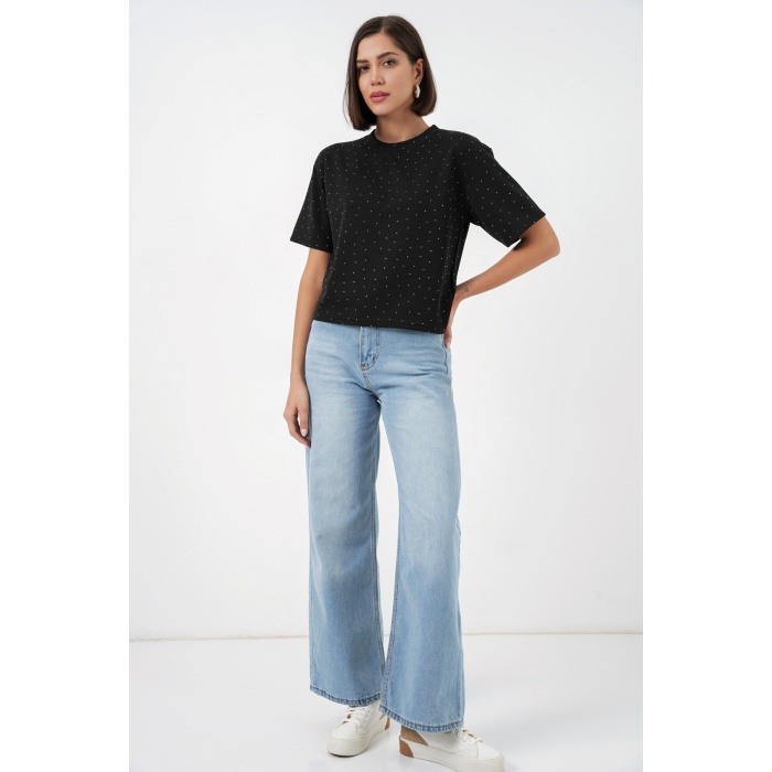Kadın Taş Detaylı Tişört 990 - Siyah