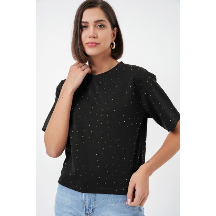 Kadın Taş Detaylı Tişört 990 - Siyah