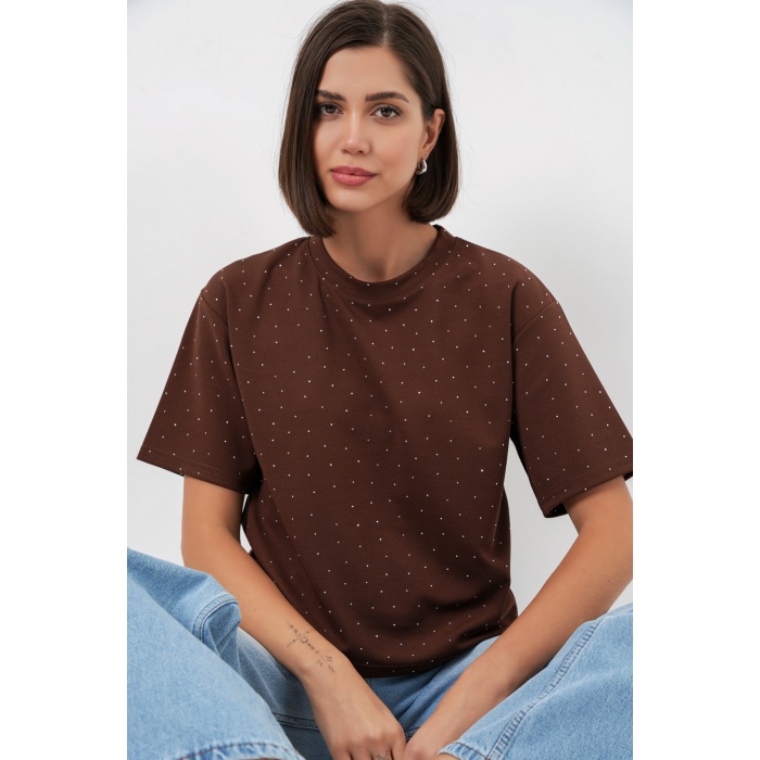 Kadın Taş Detaylı Tişört 990 - Kahverengi