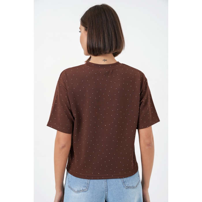 Kadın Taş Detaylı Tişört 990 - Kahverengi