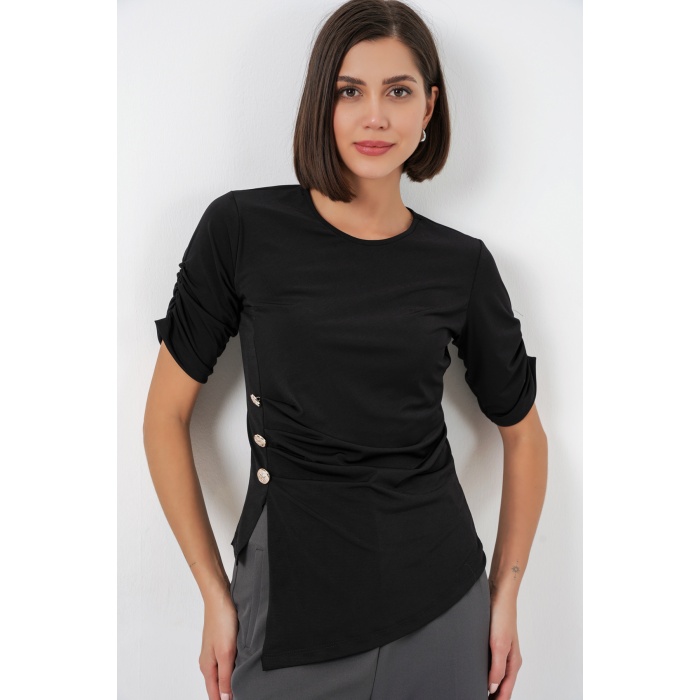 Kadın Düğme Detaylı Sandy Bluz 992 - Siyah