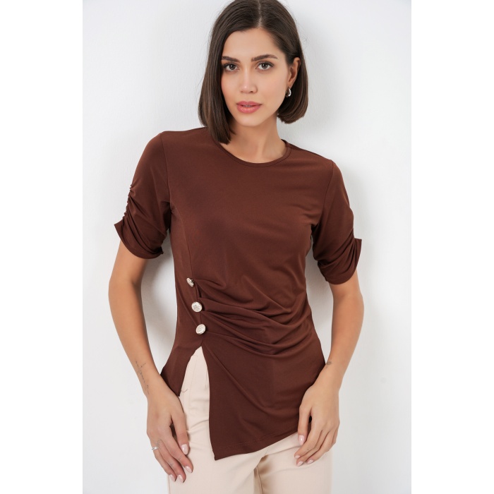 Kadın Düğme Detaylı Sandy Bluz 992 - Kahverengi