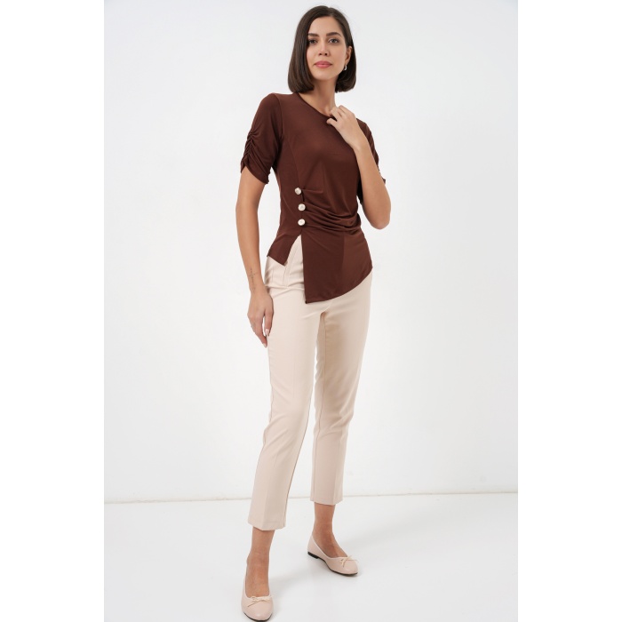 Kadın Düğme Detaylı Sandy Bluz 992 - Kahverengi
