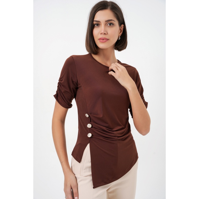 Kadın Düğme Detaylı Sandy Bluz 992 - Kahverengi