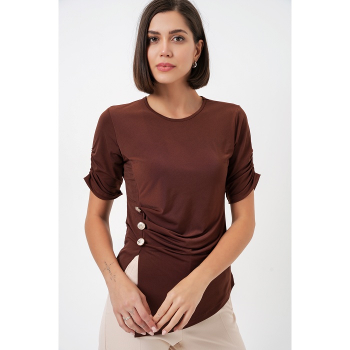 Kadın Düğme Detaylı Sandy Bluz 992 - Kahverengi