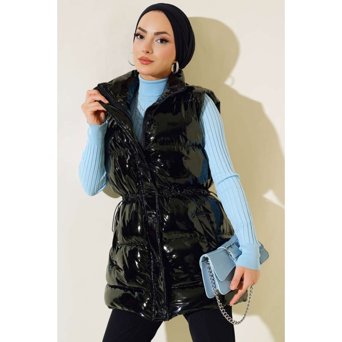 T10233 Kapüşonlu Uzun Tesettür Yelek - Siyah